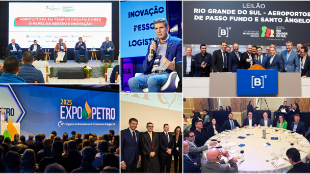 Montagem com várias fotos, mostram pessoas num auditório, homem falando atrás de um púlpito, pessoas sentadas em um palco sendo observadas por pessoas no auditório, um grupo de pessoas posando para a foto atrás de uma grande mesa e a pessoa ao centro segurando um martelo de leilão, homem falando ao microfone, grupo de pessoas sentadas em torno de uma grande mesa redonda.
