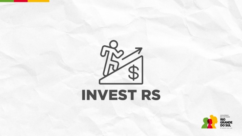 design em fundo branco com um &iacute;cone estilizado de uma pessoa escalando uma rampa  com um cifr&atilde;o e uma seta indicando a subida e o texto: Invest RS